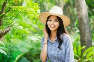 Woman smile and enjoy at nature photo