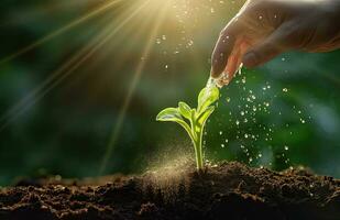 Human hand watering a green seedling growing in the soil with sunlight photo