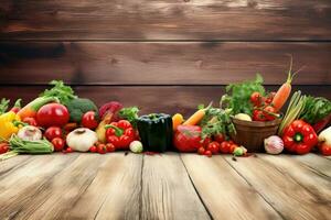 Fresh vegetables on wooden table. Healthy food background with copy space. photo