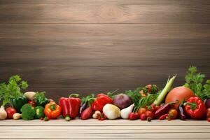 Fresh vegetables on wooden background. Healthy food concept. Space for text photo