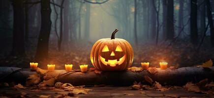 Halloween pumpkin with burning candles in foggy forest, 3D rendering photo