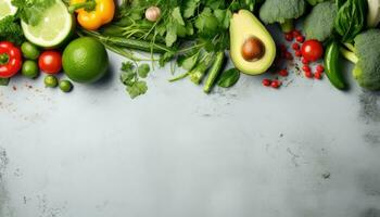 Fresh vegetables and fruits on grey background, top view. Space for text photo