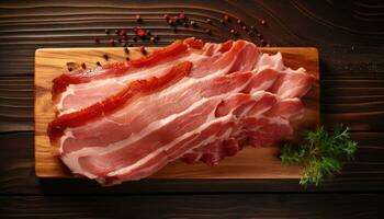 Slices of smoked bacon on cutting board on wooden background. photo