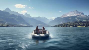 great lake view mountain with people in the boat photo