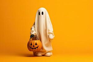 Halloween ghost with pumpkin on orange background. 3d illustration. photo