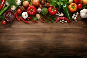 Fresh vegetables on wooden background. Top view with space for your text photo