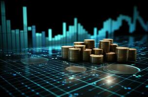 Stacks of coins and financial graph on dark background. 3d illustration photo