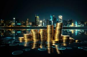 Double exposure of golden coin stack with city and bokeh light background, business and finance concept idea. photo