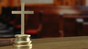 The cross on wood table for religion concept 3d rendering photo