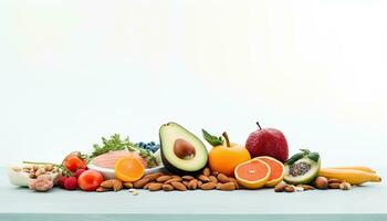 Healthy food background with fruits and vegetables on wooden table, copy space photo