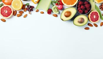 Healthy food background with fruits and vegetables. Top view with copy space photo