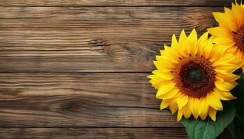 Beautiful sunflowers on wooden background. Top view with copy space photo