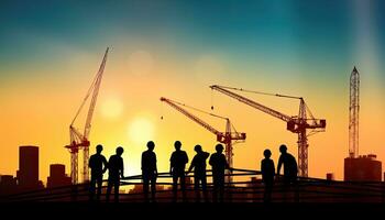 Silhouette of engineer working on construction site at sunset background. photo