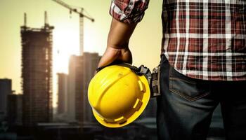 Close up of engineer hand holding yellow safety helmet on construction site background. photo