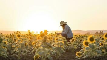 granjero examinando girasol campo a puesta de sol. agricultura y agricultura concepto foto