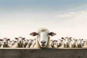 Flock of sheep looking out from a wooden fence with copy space photo