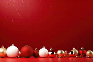 Christmas background with red and white baubles on a red background photo