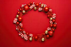 Christmas wreath with red and gold baubles on red background photo
