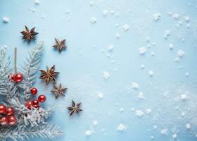 Navidad decoración en azul antecedentes con Copiar espacio. parte superior vista, plano laico foto