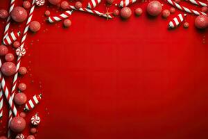 Christmas background with candy canes and baubles on red background photo