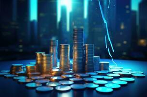 Stacks of coins on the background of the night city. 3D rendering photo