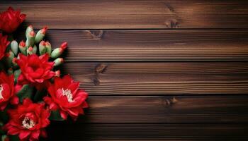 hermosa rojo cactus flor en de madera antecedentes con Copiar espacio. foto