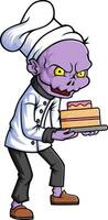 Spooky zombie chef holding birthday cake cartoon character on white background vector