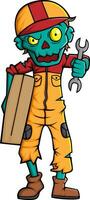 Spooky zombie mechanic cartoon character on white background vector