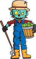 Spooky zombie farmer cartoon character on white background vector