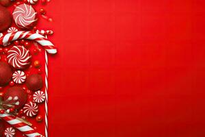 Christmas background with candy canes and red baubles on red background photo