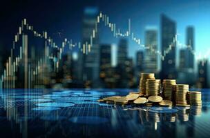 Investment concept, Coins graph stock market on digital screen background. photo