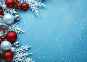 Christmas background with red and silver balls and snowflakes on blue photo