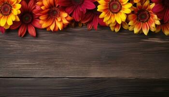 Colorful autumn flowers on wooden background. Top view with copy space photo