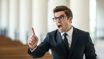 Portrait of a young businessman shouting and pointing at copy space. photo