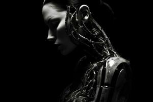 a black and white photo of a woman in a robot suit generative AI