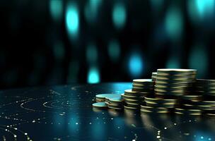 3d illustration of coins stack over blue background with bokeh photo