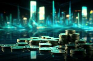 Double exposure of stack of coins with cityscape background, business and finance concept idea. photo