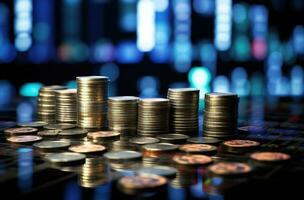 Coins stacked on each other in different positions with blurred background. photo