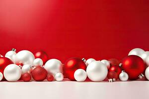 Christmas background with red and white baubles. 3D rendering photo