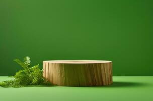 de madera podio en verde antecedentes. 3d prestar, 3d ilustración. foto