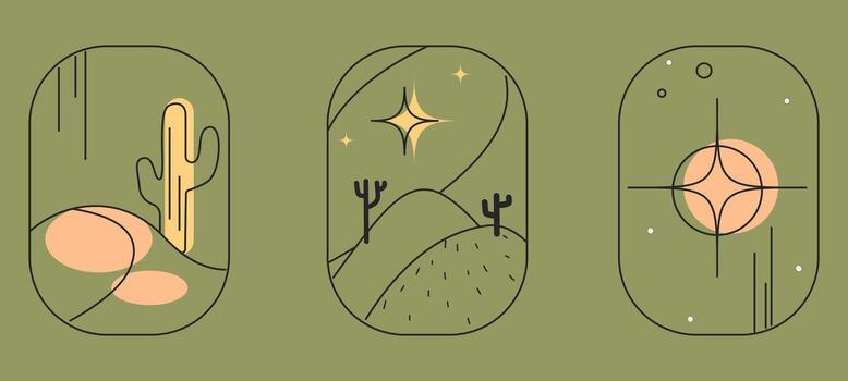 Boho landscape logos set in trendy minimal style. landscape, cactus, arcs and windows design templates, geometric abstract design elements for decoration. vector