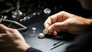 Jeweler working in his workshop, close-up of hands photo