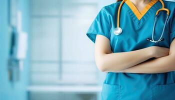 Portrait of young female doctor with stethoscope on hospital background photo