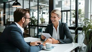 smiling businessman and businesswoman sitting at table and looking at each other in cafe photo