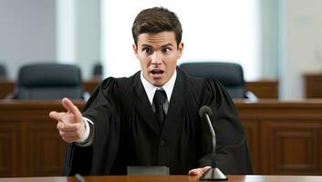 joven juez en un sala de justicia o ley aplicación oficina, participación un micrófono y gesticulando foto