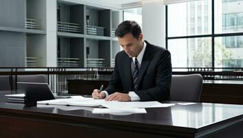 Businessman working with documents and laptop in the office. Business concept. photo