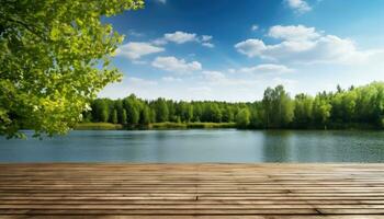 Wooden floor on the background of the lake and the forest. photo
