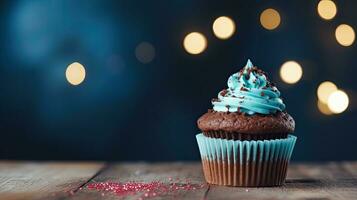 Cupcake with blue cream on wooden table and bokeh background photo
