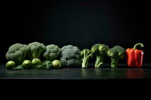 Group of fresh green broccoli and red bell pepper on black background. photo