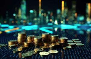 Golden coins stack on bokeh city light background, business finance and banking concept idea. photo